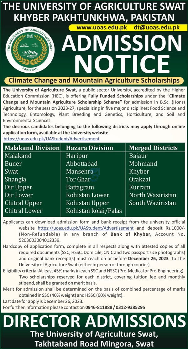 Swat Agriculture University Announces Undergraduate Scholarships For Bsc Agriculture