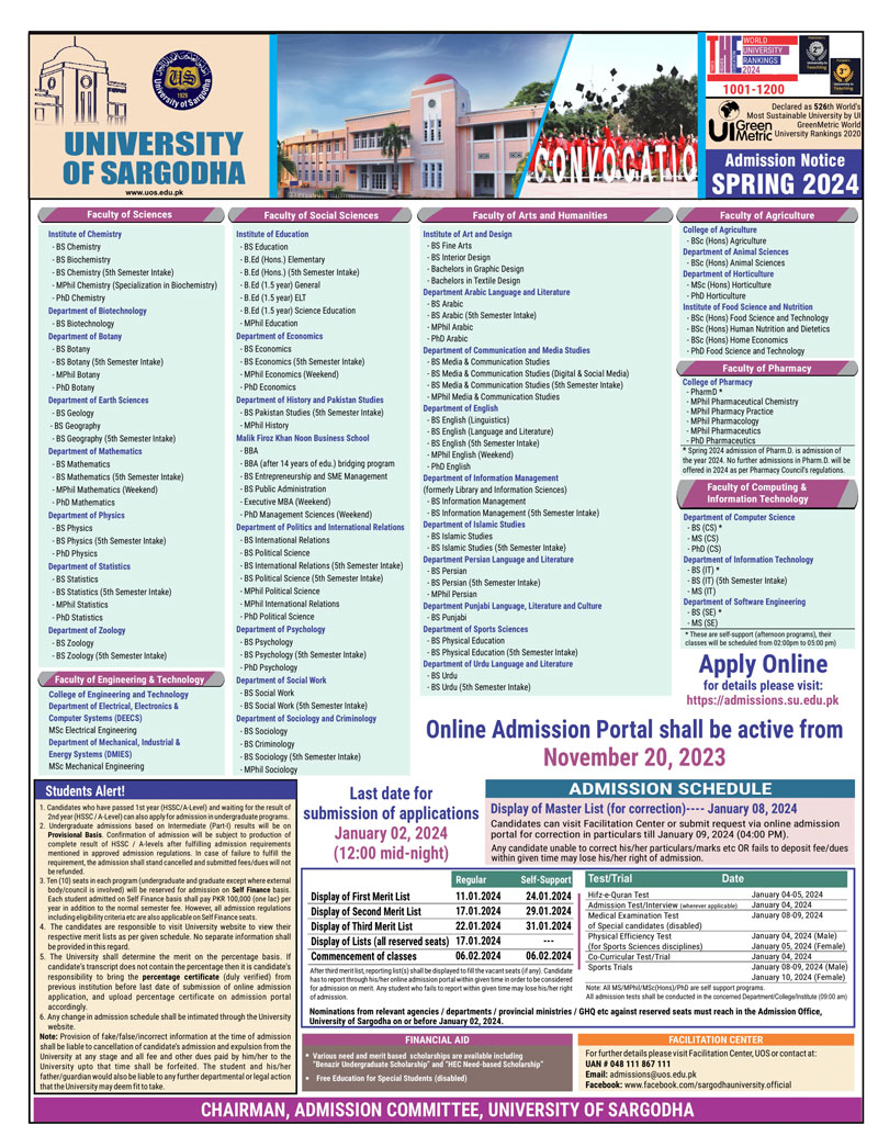 University of Sargodha UOS Admission 2024 Last Date