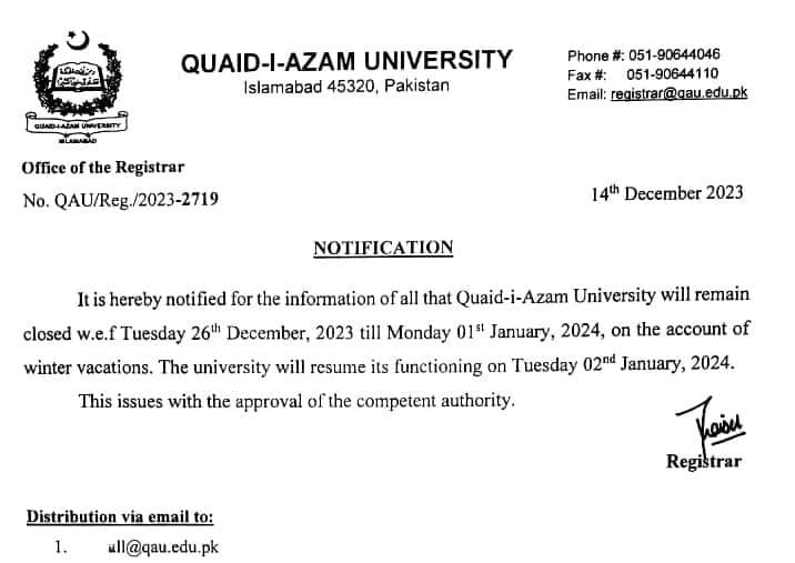Winter Breaks Declared at Quaid-i-Azam University