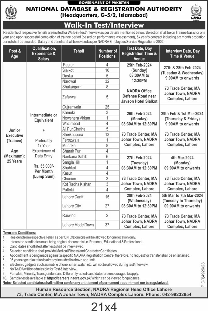 NADRA Regional Head Office Lahore Schedule 