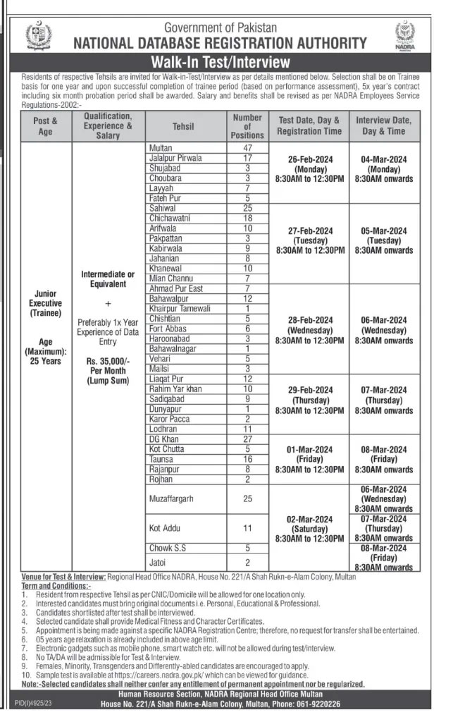NADRA Regional Head Office Multan Schedule